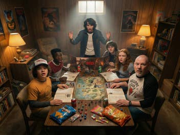 Die Stranger-Things-Helden sitzen zusammen mit einem Mann im Keller und spielen Dungeons and Dragons.
