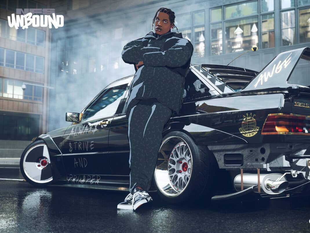 Need for Speed Unbound A$AP Rocky lehnt gegen ein Auto.