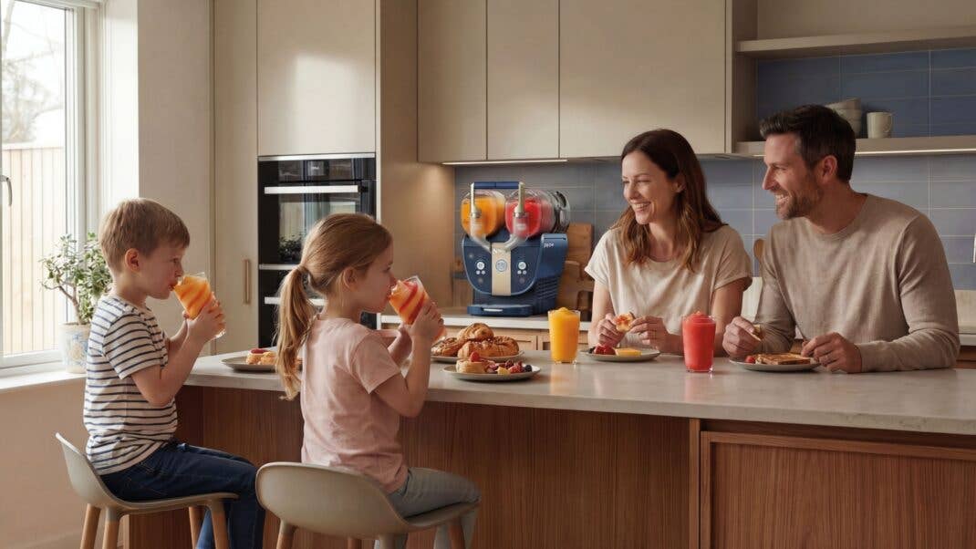 Eine Familie sitzt am Küchentisch und trinks Slush-Eis aus der Ninja SLUSHi Twist Slush-Eismaschine.