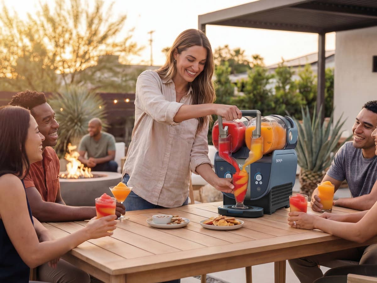 Die neue Ninja SLUSHi Twist ist da. mehrere Personen sitzen im Garten auf der Terasse und trinken Slush-Eis aus der Ninja SLUSHi Twist