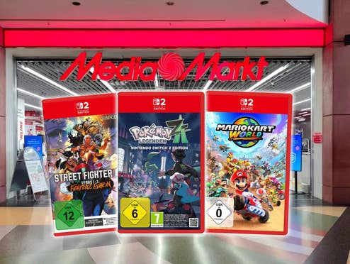 Nintendo Switch 2 Spiele wie Mario Kart World oder Pokémon vor einem MediaMarkt