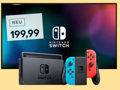 Nintendo Switch vor einem gelben Hintergrund daneben ein Preisschild von 199,99 Euro