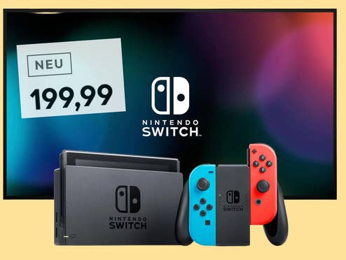 Nintendo Switch vor einem gelben Hintergrund daneben ein Preisschild von 199,99 Euro