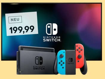 Nintendo Switch vor einem gelben Hintergrund daneben ein Preisschild von 199,99 Euro