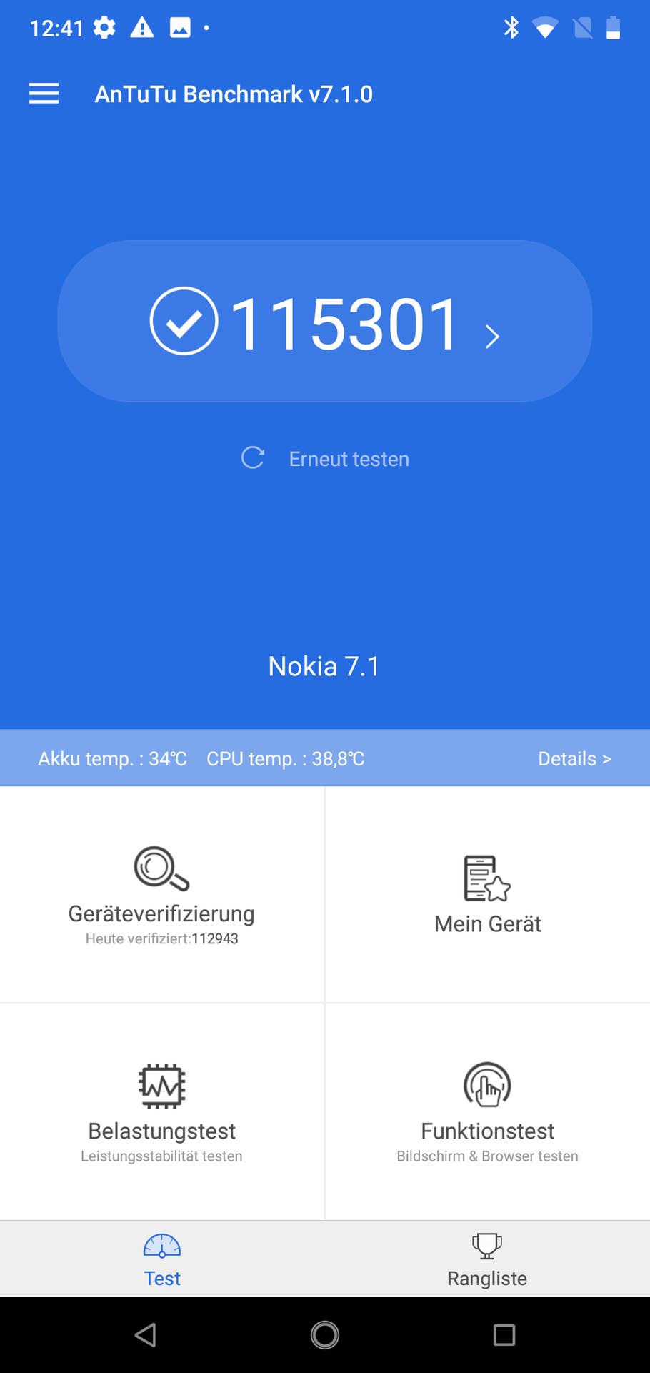 Screenshot des AnTuTu Benchmark v7.1.0 des Nokia 7.1