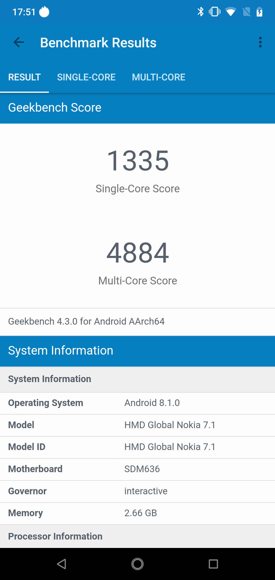 Nokia 7.1 im Test: Benchmark Results Geekbench 4.3.0 Score