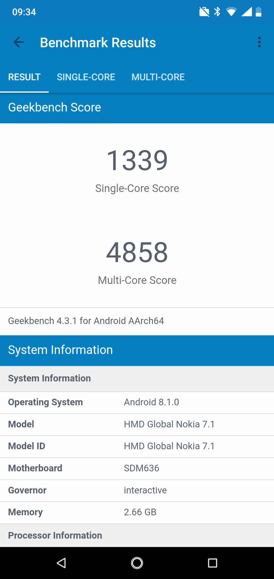 Nokia 7.1 im Test: Benchmark Results Geekbench 4.3.1 Score