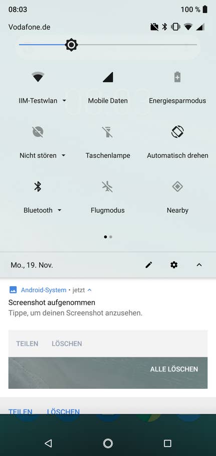 Screenshot der Einstellungen auf dem Haupt-Display des Nokia 7.1