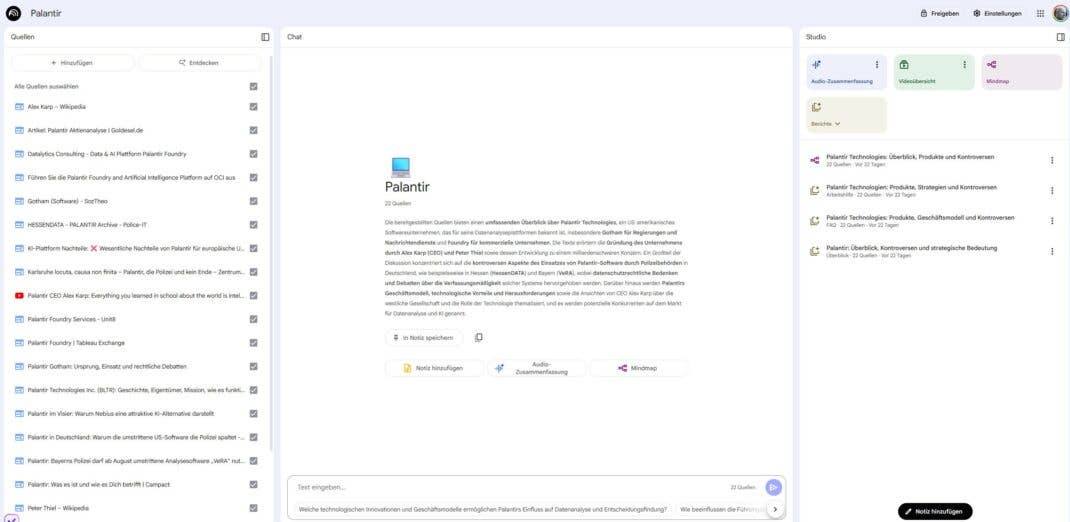 Palantir-Oberfläche mit Quellen-, Chat- und Studiosektionen mit Informationen zu Technologien und Produkten.
