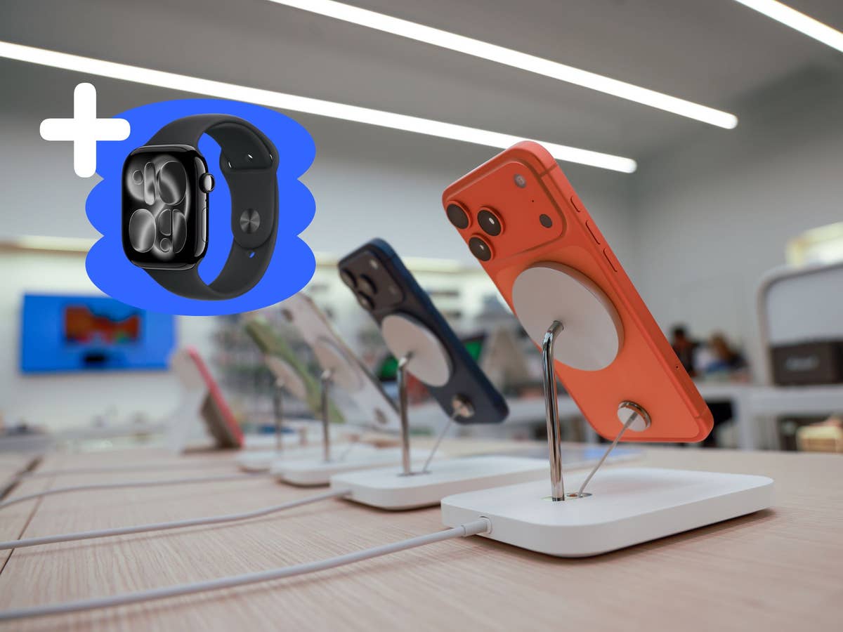 Nur das Beste - iPhone 17 Pro und Apple Watch im Angebot iPhone 17 Pro in einem Shop. Apple Watch S11 daneben auf einer Grafik.