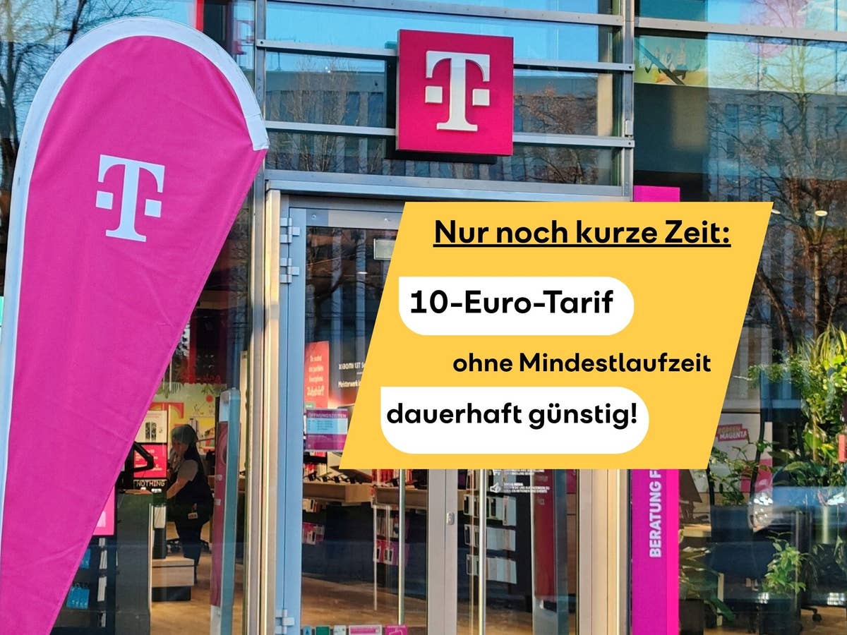 nur-noch-kurze-zeit-flexibler-10-euro-tarif-im-telekom-netz-dauerhaft-günstiger- Telekom-Store im Hintergrund, davor der Verweis auf ein aktuelles Tarif-Angebot für 10 Euro mit Preisversprechen