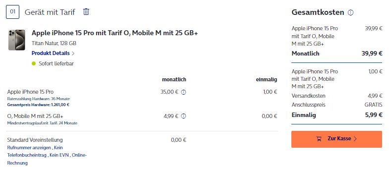 O2-Angebot mit iPhone 15 Pro für unter 40 Euro im Monat