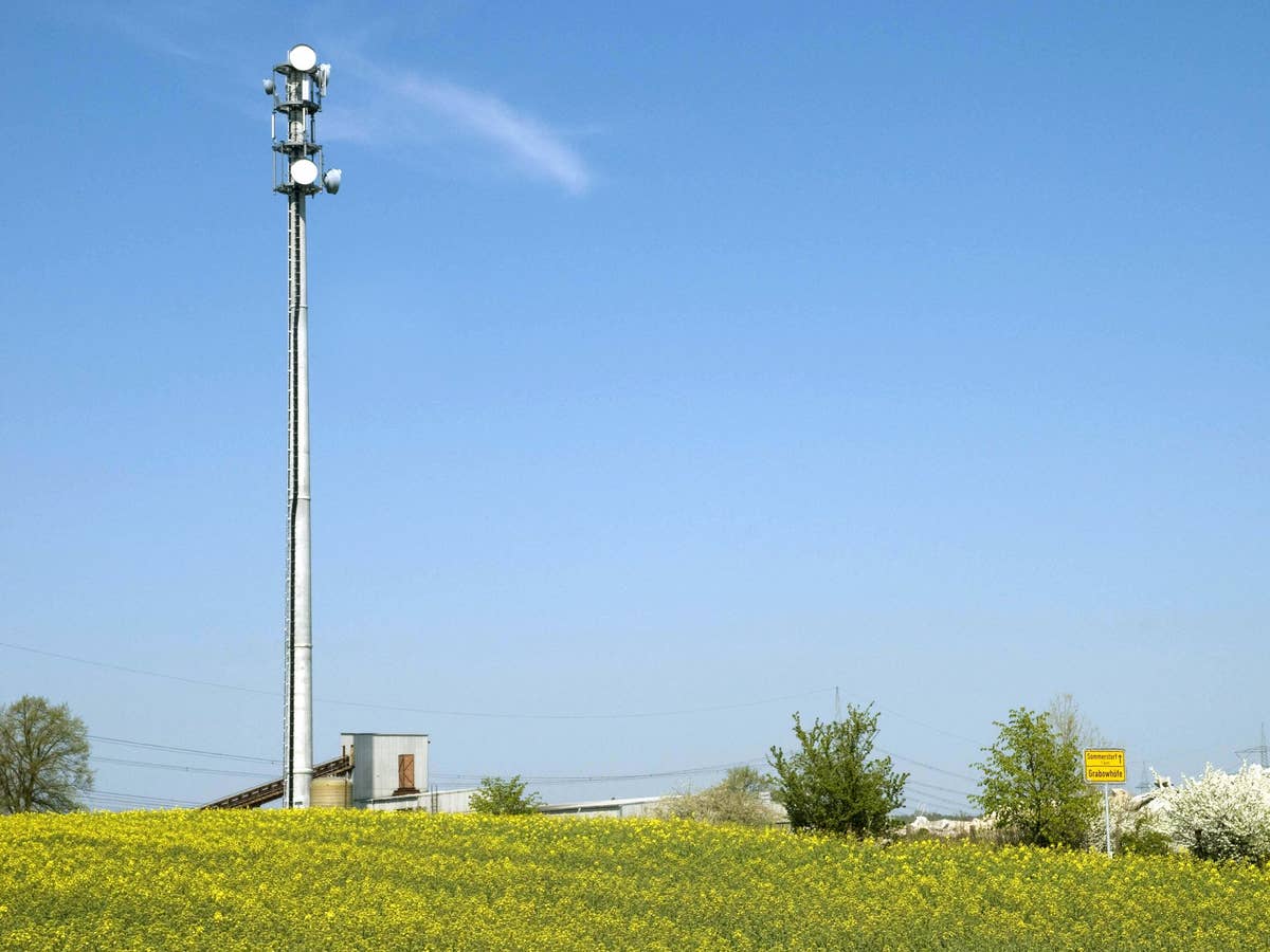 Ein Mobilfunksendemast steht in einer ländlichen Region. Im Vordergrund ist eine Wiese in einer hügeligen Region zu sehen