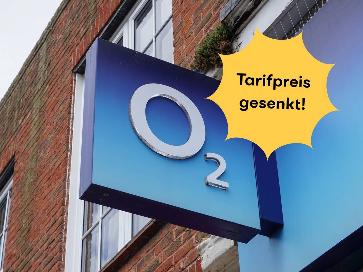 O2-Schild an einem Store im Hintergrund, vorne der Hinweis, dass ein Tarifpreis jetzt gesenkt wurde