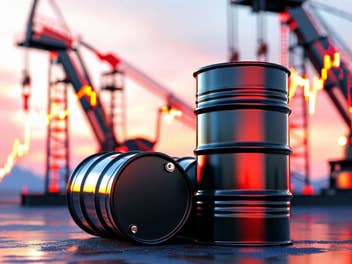 Ölfässer vor Kränen einer Raffinerie im Hintergrund.