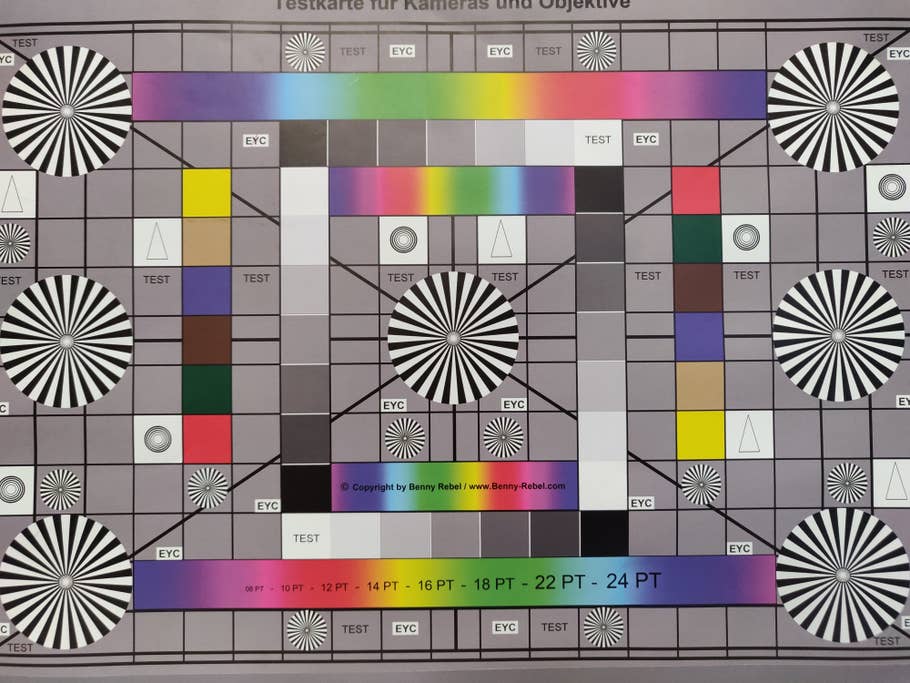 Testchart, fotografiert mit dem OnePlus 6T ohne Blitz