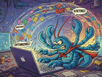 Comic-Bild eines Hummers mit 8 Armen, der am Notebook arbeitet