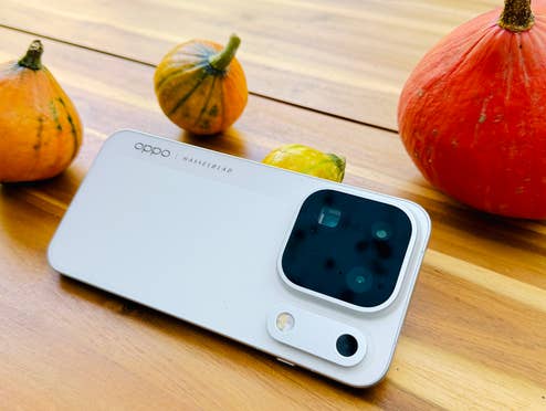 Oppo Find X10 Pro Max liegt auf einem Holztisch mit Kürbissen.