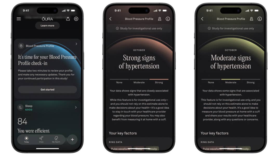 Drei Smartphone-Bildschirme zeigen die Oberfläche von Ouras Blood Pressure Profile mit Nutzerabfragen und Ergebnissen für moderate und starke Anzeichen von Bluthochdruck.
