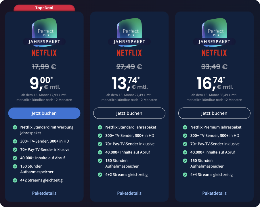 Netflix-Bundles von waipu.tv in der Übersicht