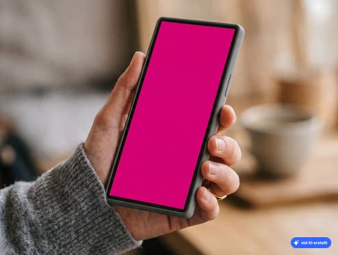 Person hält Smartphone mit pinkem Display in der Hand, KI-generiert