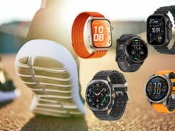 Person läuft, daneben fünf Smartwatches: Garmin Garmin Forerunner 970, Garmin Fenix 8, Huawei Watch Fit 5 Pro, Samsung Galaxy Watch Utra, Apple Watch Ultra 3