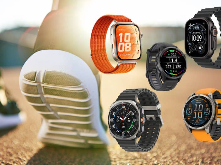 Person läuft, daneben fünf Smartwatches: Garmin Garmin Forerunner 970, Garmin Fenix 8, Huawei Watch Fit 5 Pro, Samsung Galaxy Watch Utra, Apple Watch Ultra 3