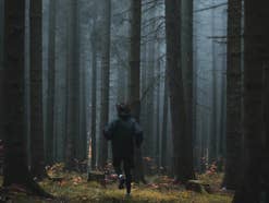Eine Person rennt in einen nebligen Wald.