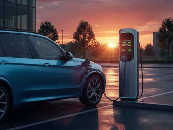 Pflicht statt Freiheit: Zwangsaufladung für Lademuffel Auto steht im Sonnenaufgang an einer Ladesäule.