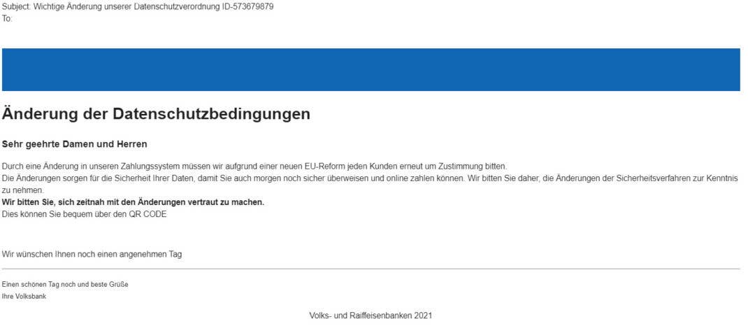 Eine Phishing-Mail im Namen der Volksbank.