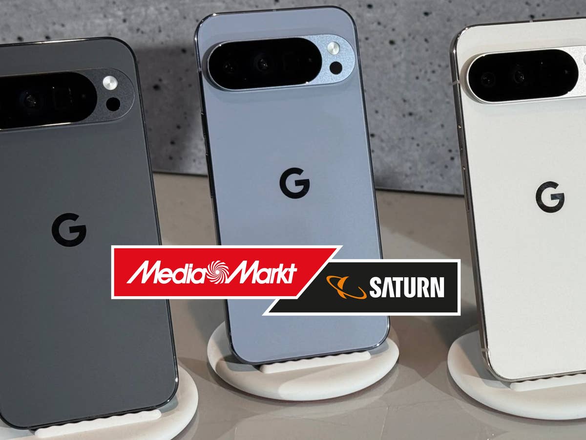 Pixel 10 Pro XL: Bei MediaMarkt mit Extras erhältlich Pixel-10-Pro-XL-Serie aufgestellt, davor das MediaMarkt-Logo