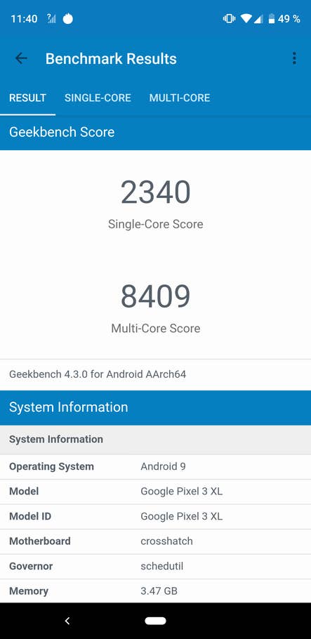 Ergebnis des Google Pixel 3 XL im Benchmark-Test von Geekbench