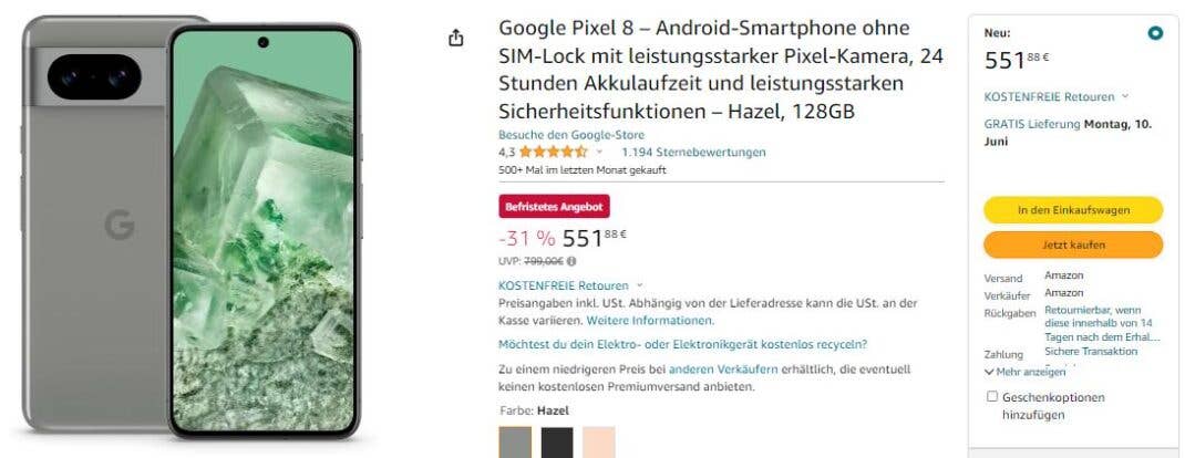 Amazon-Angebot zum Google Pixel 8 in der Farbe Hazel für 551,88 Euro