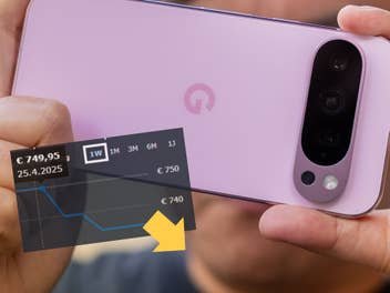 Google Pixel 9 mit eingeblendetem Preisverlauf