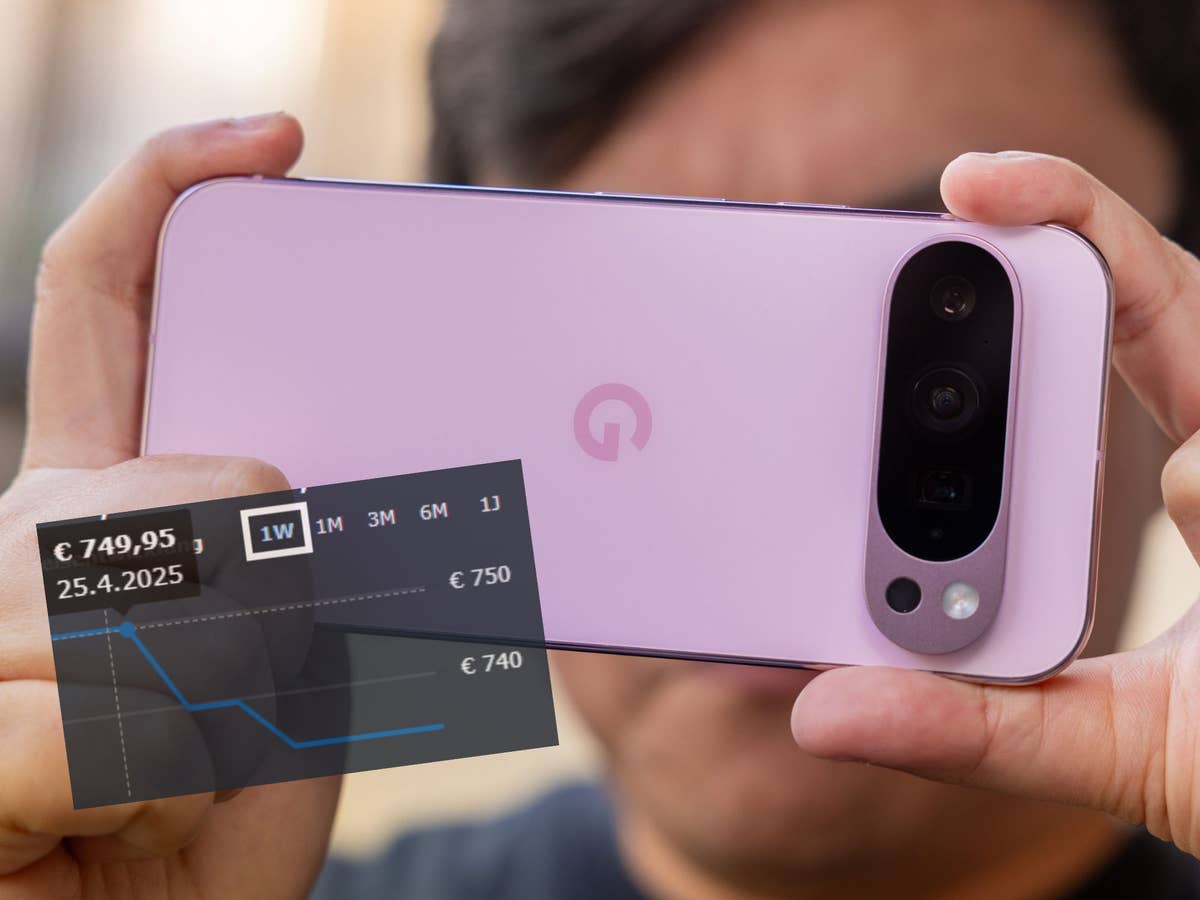 Google Pixel 9 Pro Smartphone mit eingeblendetem Preisverlauf