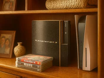Eine PlayStation 3 Konsole in einem Regal.