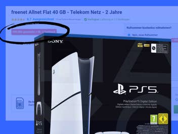 Fotomontage aus der Verpackung einer PlayStation 5 vor einem Screenshot eines Angebots zu einem Handyvertrag