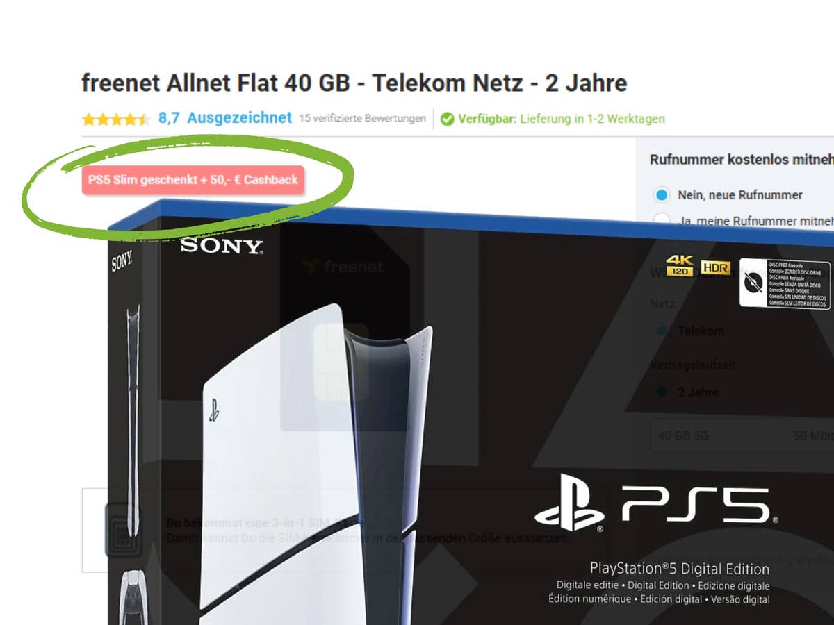 Eine PlayStation 5 im Vordergrund und der Screenshot zu einem Mobilfunkangebot im Hintergrund. Der Hinweis 