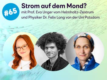Podcast-Grafik von überMORGEN zum Thema „Strom auf dem Mond?“ mit Porträtfotos von Johanna und den Gästen Prof. Eva Unger und Dr. Felix Lang.