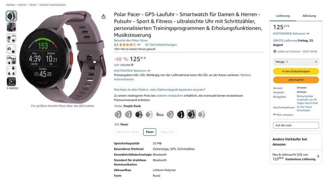 Polar Pacer GPS-Sportuhr bei Amazon