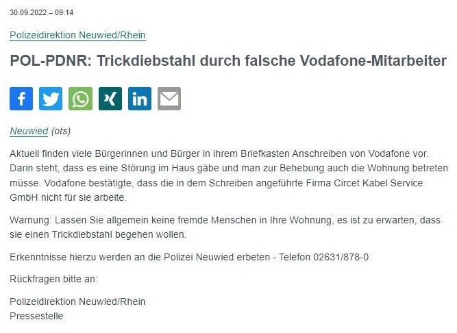 Polizei warnt vor falschen Vodafone-Mitarbeitern