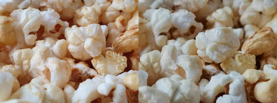 Popcorn in der Nahaufnahme: Links Makro Samsung Galaxy S10+, rechts Huawei Mate 20 Pro. Popcorn in der Nahaufnahme: Links Makro Samsung Galaxy S10+, rechts Huawei Mate 20 Pro