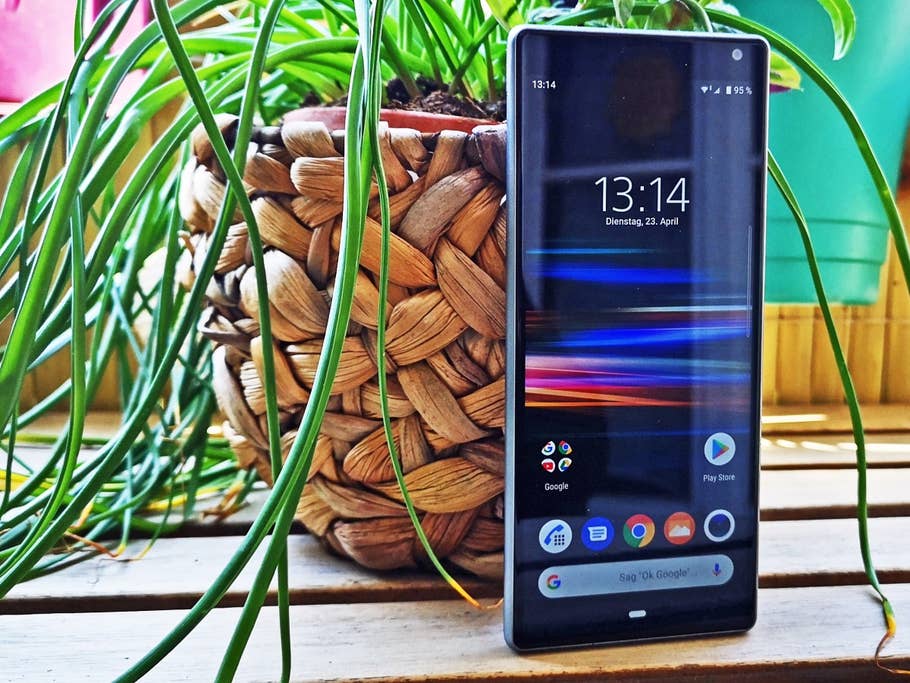 Das Sony Xperia 10 vor einer Pflanze stehend.