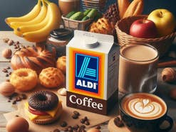 Aldi-Logo auf einer Kaffeepackung im Umfeld von Lebensmitteln.