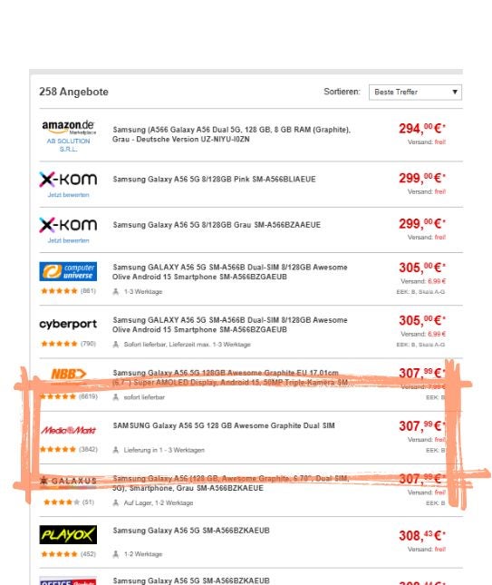 Screenshot eines Preisvergleichs von guenstiger.de zum Samsung Galaxy A56, bei dem der MediaMarkt-Eintrag hervorgehoben ist