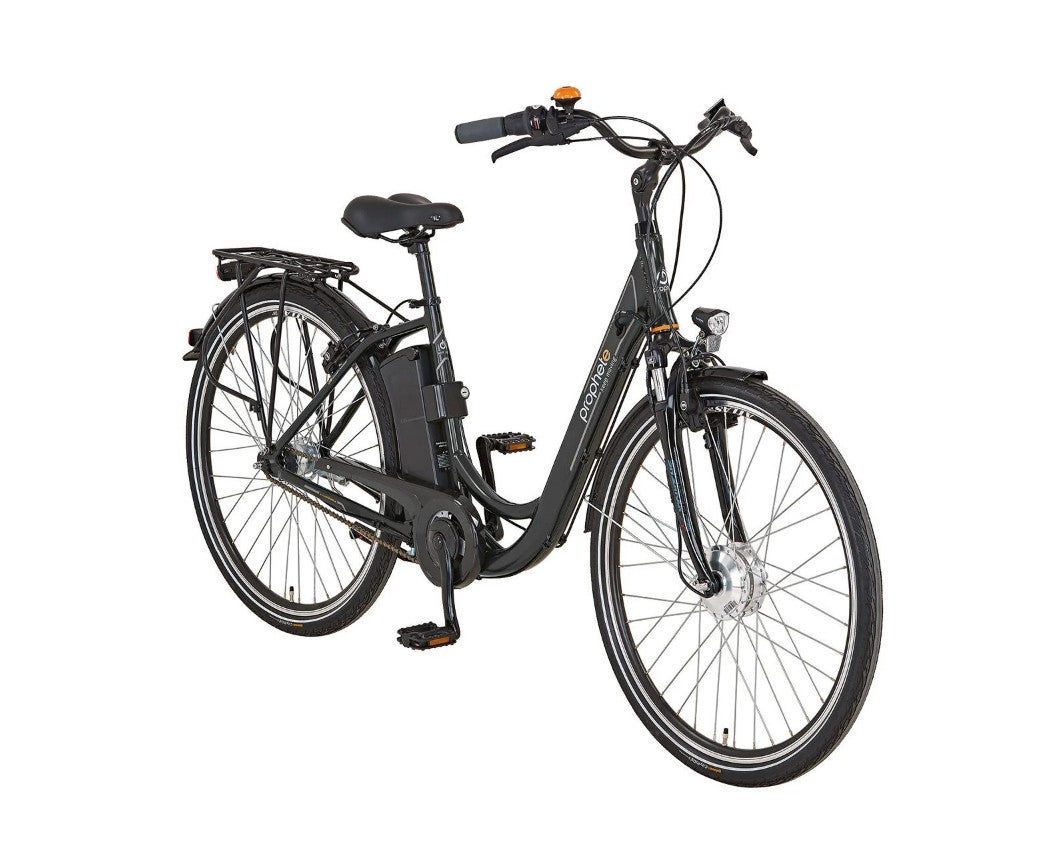 Das Prophete Alu-City Expedition E-Bike vor weißem Hintergrund.