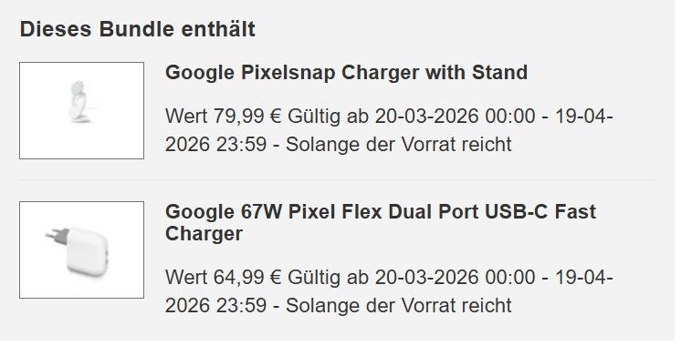 Liste der Zugaben bei einem Internet-Angebot zum Google Pixel 10 mit gratis Ladegeräten.