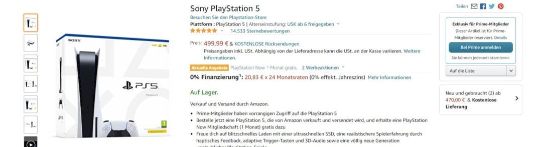 Screenshot des PS5-Verkaufs bei Amazon