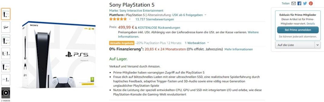 PlayStation 5 bei Amazon für Prime-Mitglieder verfügbar