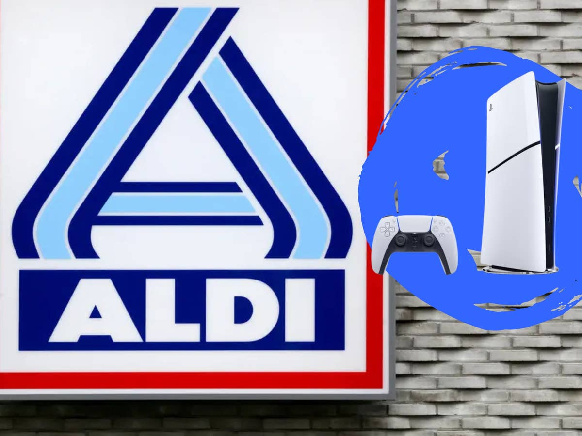Aldi-Logo mit einer PlayStation 5